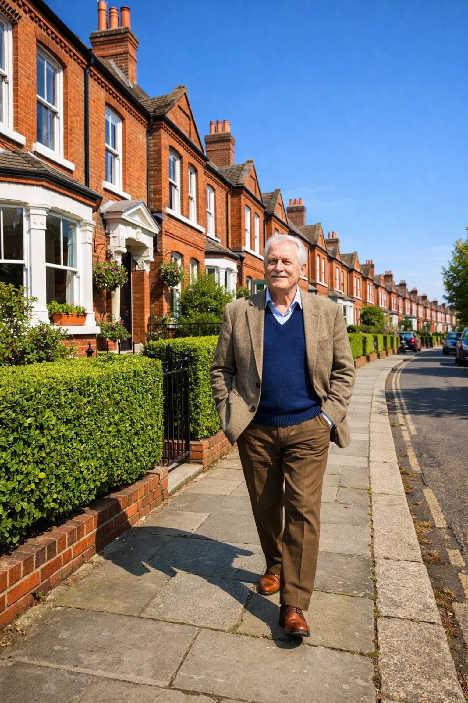 Senior idący ulicą w UK obok domów z czerwonej cegły, korzystający z Pension Credit.