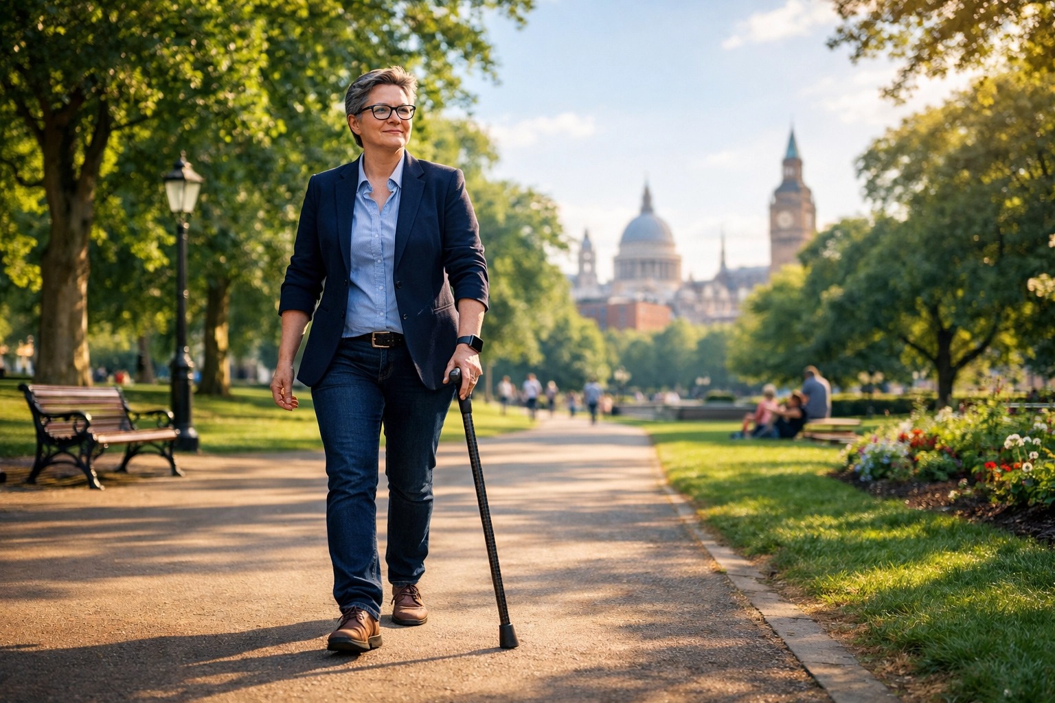 Osoba z niepełnosprawnością w brytyjskim parku, korzystająca z mobilności dzięki świadczeniu PIP.