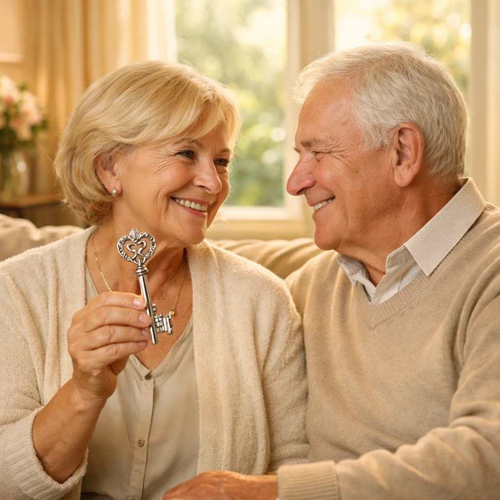 Starsza para w UK trzymająca klucz, symbolizujący dostęp do świadczenia Pension Credit.
