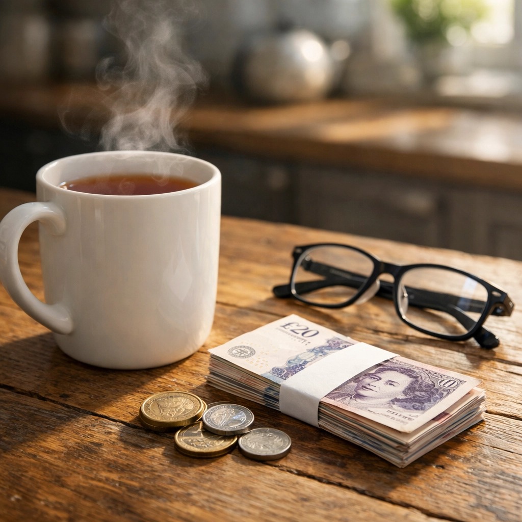 Gotówka w funtach i herbata na stole, przedstawiające wsparcie finansowe dla emerytów w UK.