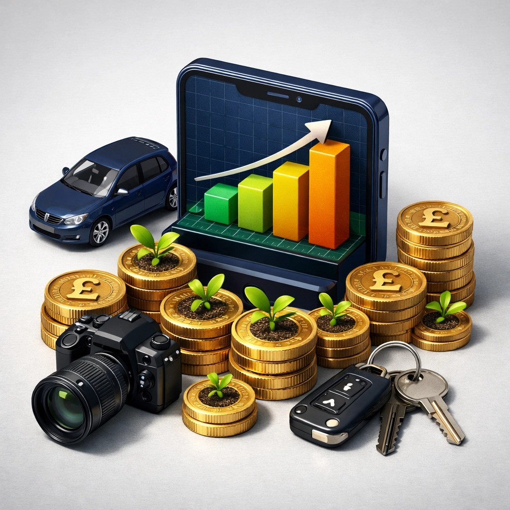 Digital charts and coins representing business expenses and financial growth for UK sole traders.