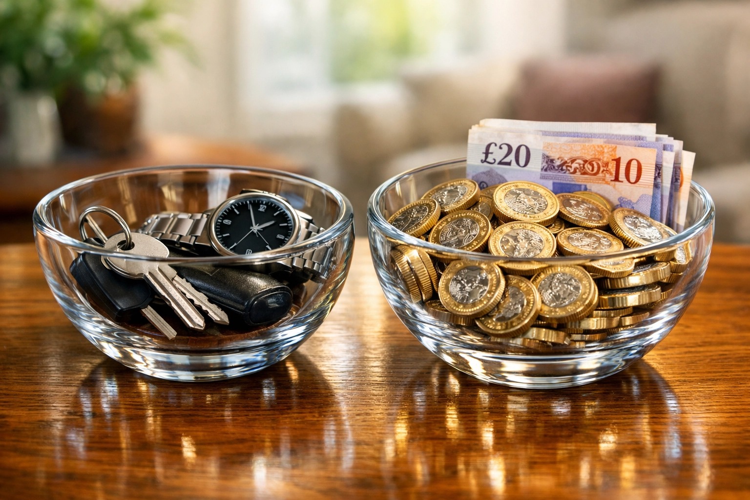 Two bowls separating personal items from business cash to illustrate organized accounting in the UK.