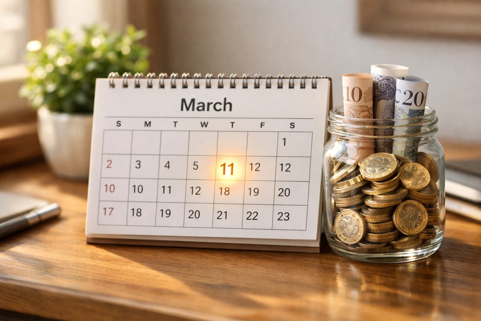 March calendar with the 11th highlighted next to a jar of pound coins representing Council Tax Reduction savings.