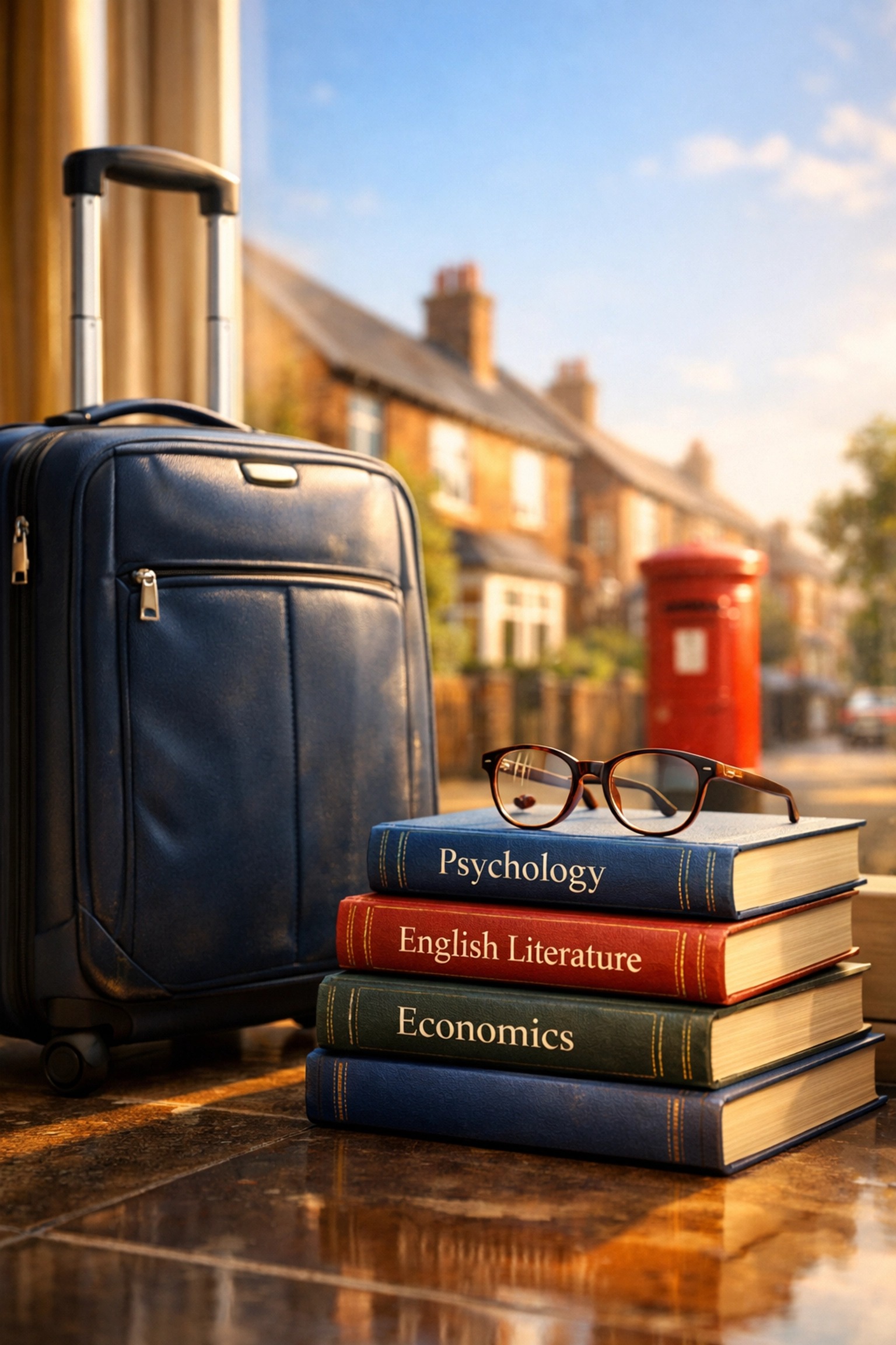 Suitcase and university textbooks near a window, illustrating Council Tax Reduction rules for students and travelers.