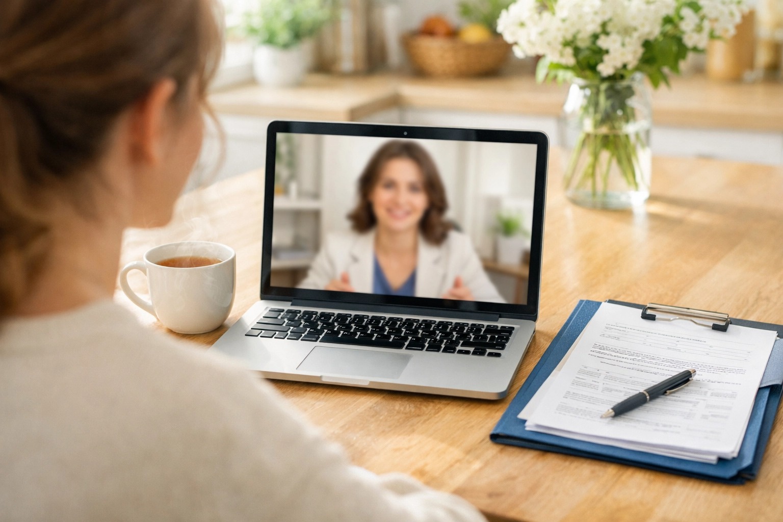 Online consultation on a laptop with benefit documents, showing remote help for Council Tax Reduction applications.