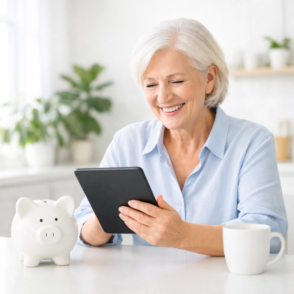 Zadowolona seniorka sprawdzająca stan konta, łącząca State Pension z dodatkiem Pension Credit.