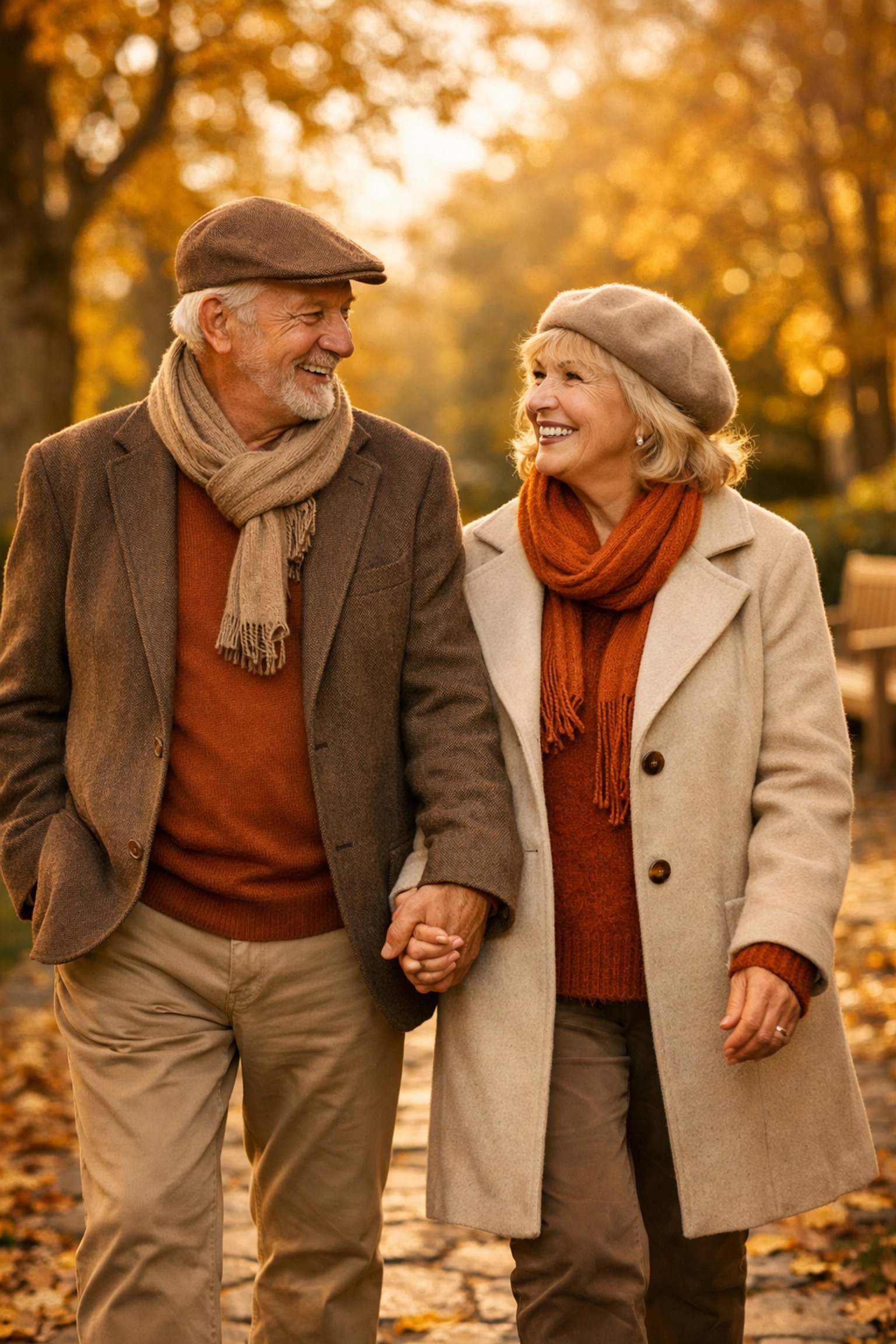 Szczęśliwa para seniorów w parku, symbolizująca stabilność finansową dzięki State Pension w UK.
