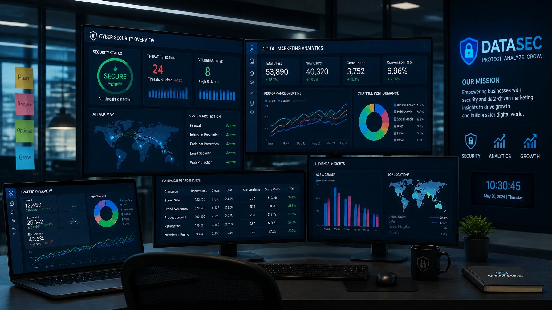 Cyber security and digital marketing analytics dashboard
